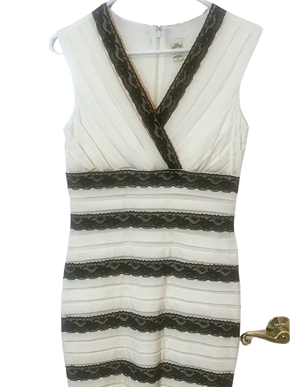 Signature by Sangria White Sleeveless Midi Dress with Black Lace Trim